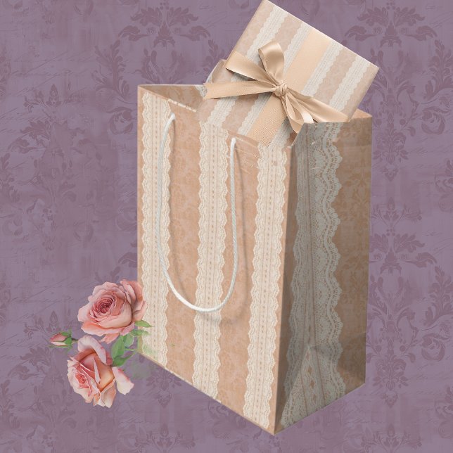 Vintage Schnürsenkel und Damast Mittlere Geschenktüte (Feminine charming all occasion gift bags)