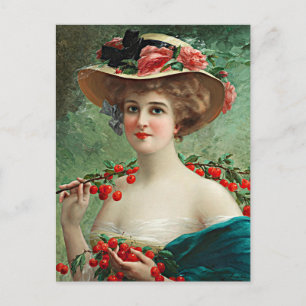Vintage schöne Dame, Blumenhut und Kirschen Postkarte