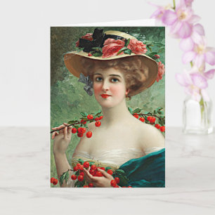 Vintage schöne Dame, Flower Hat & Cherries Karte
