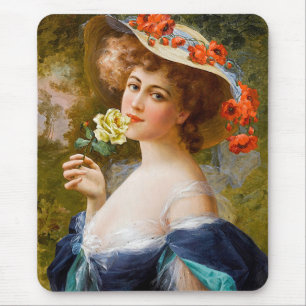 Vintage schöne Dame in Blau, gelbe Rose Blume Mousepad