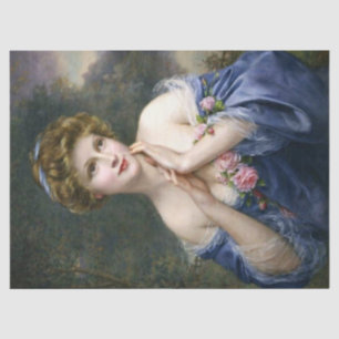 Vintage schöne Dame in blauer Decoupage Seidenpapier