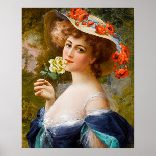 Vintage schöne Dame in blauer, gelber Rose-Blume Poster