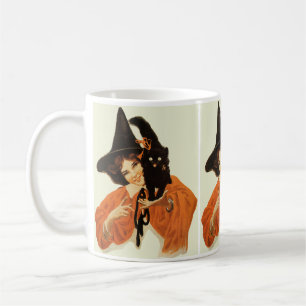 Vintage schöne Hexe mit süßer schwarzer Katze Tasse