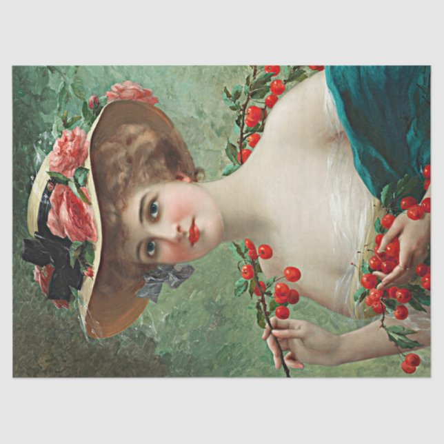 Vintage schöne Lady Flower Hat & Cherries Seidenpapier (Vorderseite)