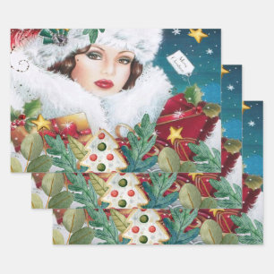 Vintage schöne Weihnachtsfrau Geschenkpapier Set