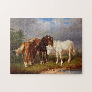 Vintage schöne weiße braune schwarze Pferde Puzzle