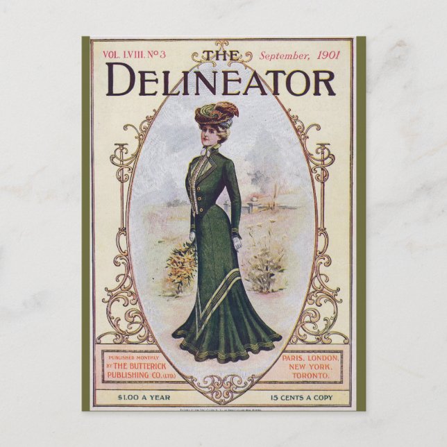 Vintage Schönheit im grünen Kleid Postkarte (Vorderseite)