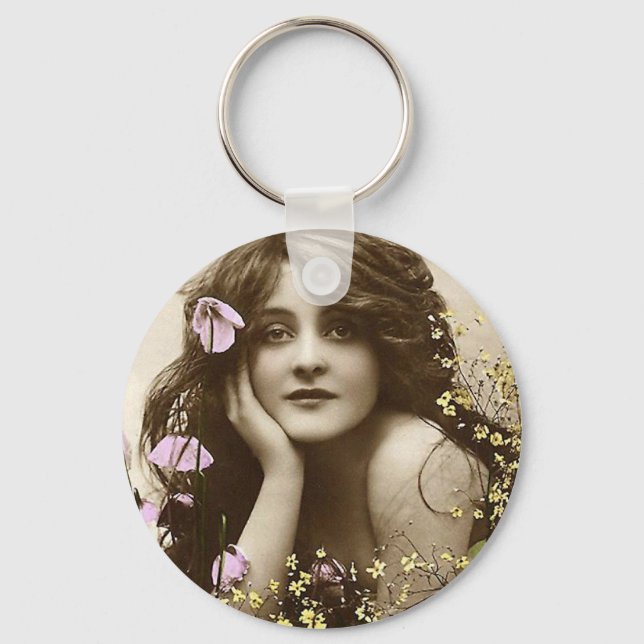 Vintage Schönheit mit Blume Schlüsselanhänger (Vorderseite)