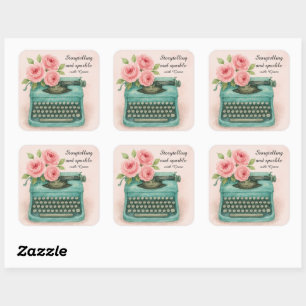 Vintage Schreibmaschine und rosa Rosen Aquarell  Quadratischer Aufkleber