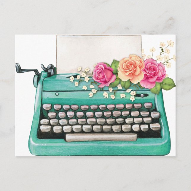 Vintage Schreibmaschinenpostkarte Postkarte (A vibrant, artistic vintage turquoise typewriter adorned with delicate pink and peach flowers.)