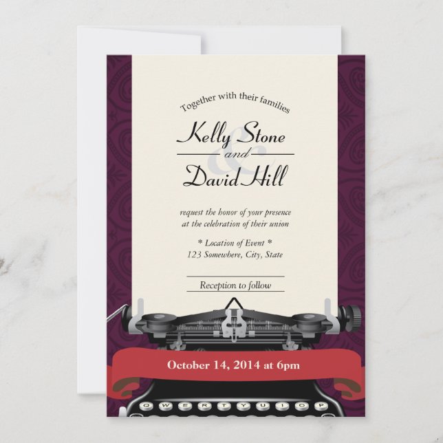 Vintage Schreibmaschinenschreiberin Damask Hochzei Einladung (Vorderseite)