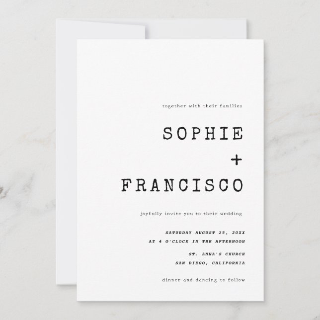 Vintage Schreibmaschinentypografie bei einer Hochz Einladung (Vorderseite)