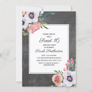 Vintage-Schultafel Rosa Weiße Florale Sweet 16 Einladung