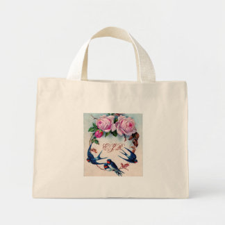 Vintage Schwalben und Rose auf Zyan Mini Stoffbeutel