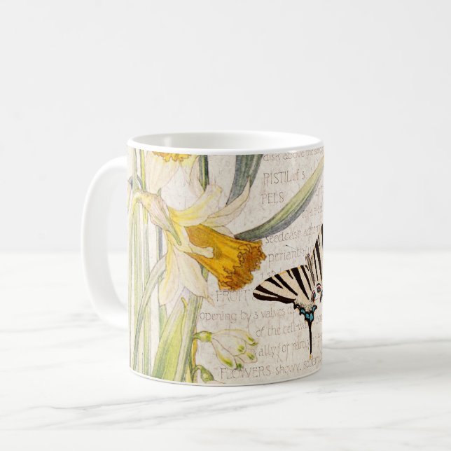 Vintage-Schwalbenschwanz-Schmetterling-Narzissen-B Kaffeetasse (Vorderseite Links)