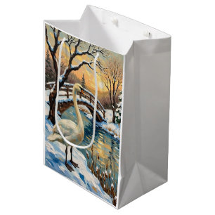Vintage-Schwan von Snowy Bridge Weihnachtsbild Mittlere Geschenktüte
