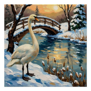 Vintage Schwan von Snowy Bridge Weihnachtsbild Poster