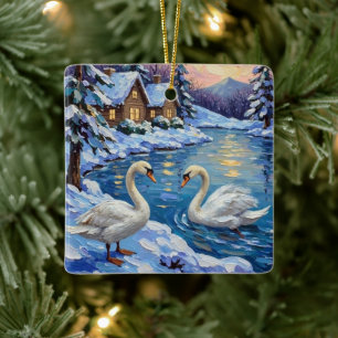 Vintage Schwäne auf einem Winter-Weihnachtssee-Gem Keramikornament
