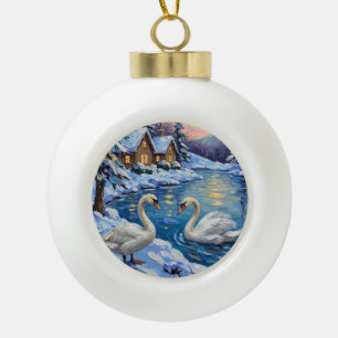 Vintage Schwäne auf einem winterlichen See Weihnac Keramik Kugel-Ornament