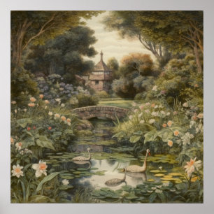Vintage Schwäne im englischen Garten - Botanische  Poster