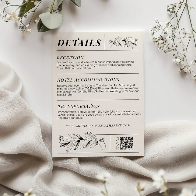 Vintage Schwarz-Creme-Retro-Hochzeitskarte Begleitkarte (Vintage Black & Cream retro newspaper type botanical flowers wedding invitation details card QR code)