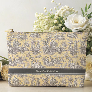 Vintage Schwarz Gelb Toile de Jouy bedruckt Zubehörtasche