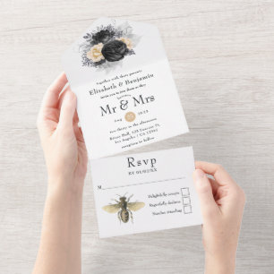 Vintage Schwarz, Gold und Silber Floral Bienen Hoc All In One Einladung