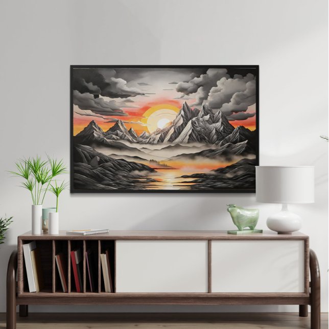 Vintage Schwarz-Grau-Berglandschaft Kunst Poster (Von Creator hochgeladen)
