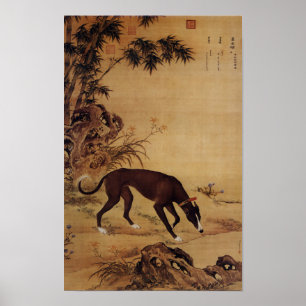 Vintage Schwarz Greyhound & Rosa Blüten Poster