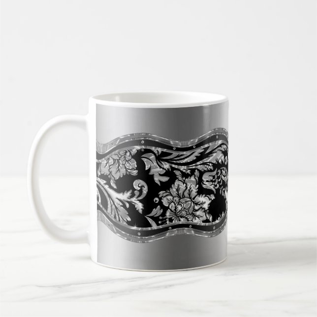 Vintage, schwarz-metallische Silberblumen-Damasken Kaffeetasse (Links)
