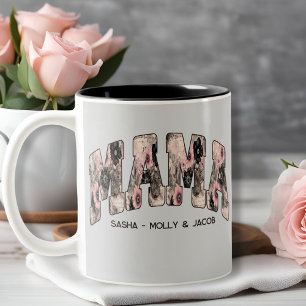 Vintage Schwarz/Rosa Blumenlatte Varsity Style Mam Zweifarbige Tasse