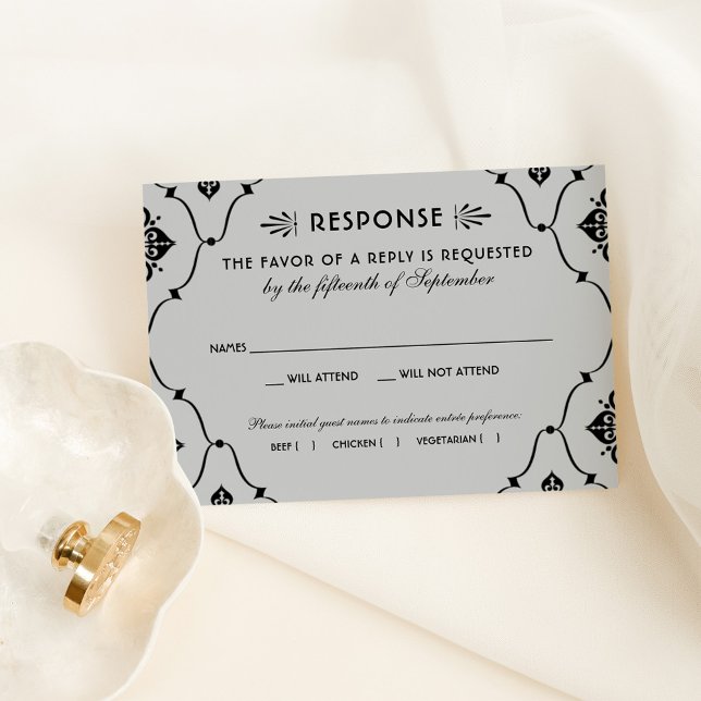 Vintage Schwarz-Silber Art Deco Hochzeit RSVP Karte (Von Creator hochgeladen)