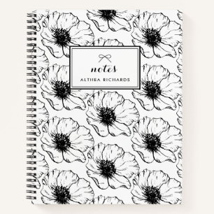 Vintage Schwarz-Weiß-Anemonen-Muster-Notizbuch Notizbuch