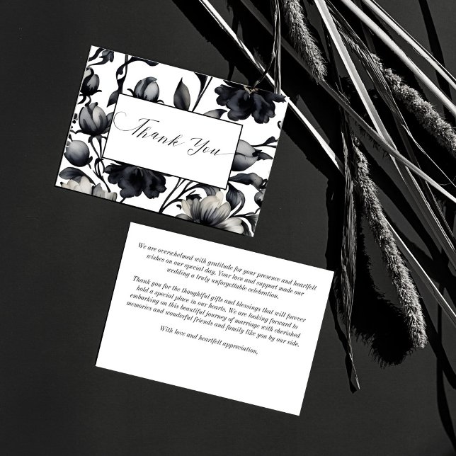 Vintage Schwarz-Weiß-Blume Dankeskarte (Black and white vintage flowers elegant wedding thank you card simple formal wedding thank you card)
