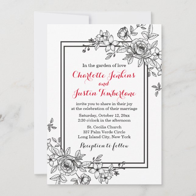 Vintage Schwarz-Weiß-Blume Hochzeit Einladung (Vorderseite)