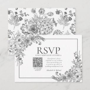 Vintage Schwarz-Weiß-Blumen-Linie Art QR Code UAWG RSVP Karte