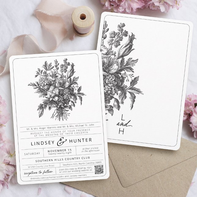 Vintage Schwarz-Weiß-Botanische Blumenhochzeit Einladung (Elegant simple vintage black and white boho chic wildflower botanical floral wedding invitation card)