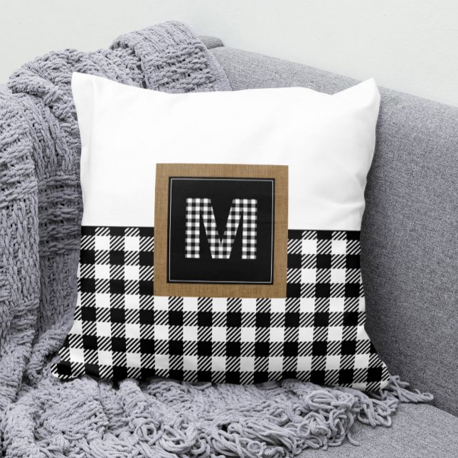 Vintage Schwarz-Weiß-Buffalo-Kariert-Monogramm Kissen (Black and White Buffalo Check Gingham Pattern Monogram Pillow )