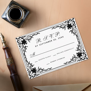 Vintage Schwarz-Weiß-Einfarben-Hochzeit RSVP Karte