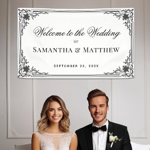 Vintage Schwarz-Weiß-Elegante Kalligrafie-Hochzeit Banner