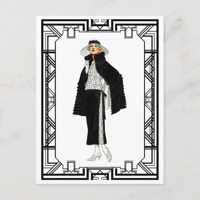 Vintage Schwarz-Weiß-Flapper-Mode Postkarte (Vorderseite)