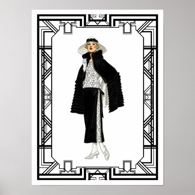 Vintage Schwarz-Weiß-Flapper-Modekunst Poster (Vorne)