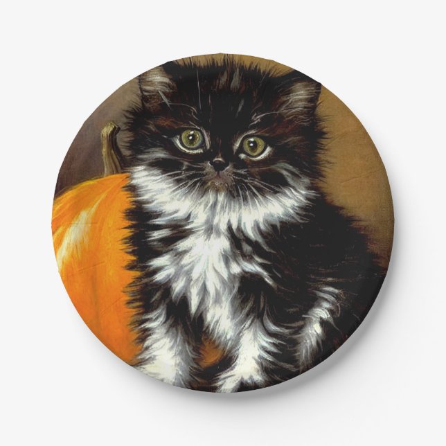 Vintage Schwarz-Weiß-Halloween-Katze Pappteller (Vorderseite)