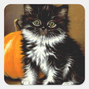 Vintage Schwarz-Weiß-Halloween-Katze Quadratischer Aufkleber
