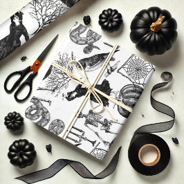 Vintage Schwarz-Weiß-Halloween-Kunst Geschenkpapier Set