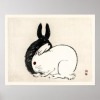 Vintage Schwarz-Weiß-Kaninchen von Kōno Bairei