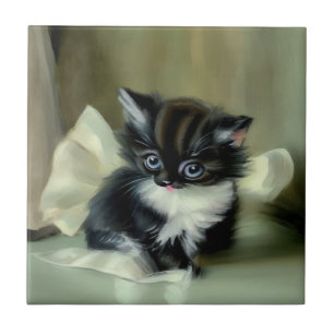 Vintage Schwarz-Weiß-Kätzchen-Stickerei Fliese