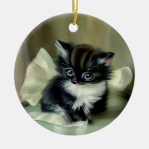 Vintage Schwarz-Weiß-Kätzchen-Stickerei Keramik Ornament