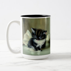 Vintage Schwarz-Weiß-Kätzchen-Stickerei Zweifarbige Tasse
