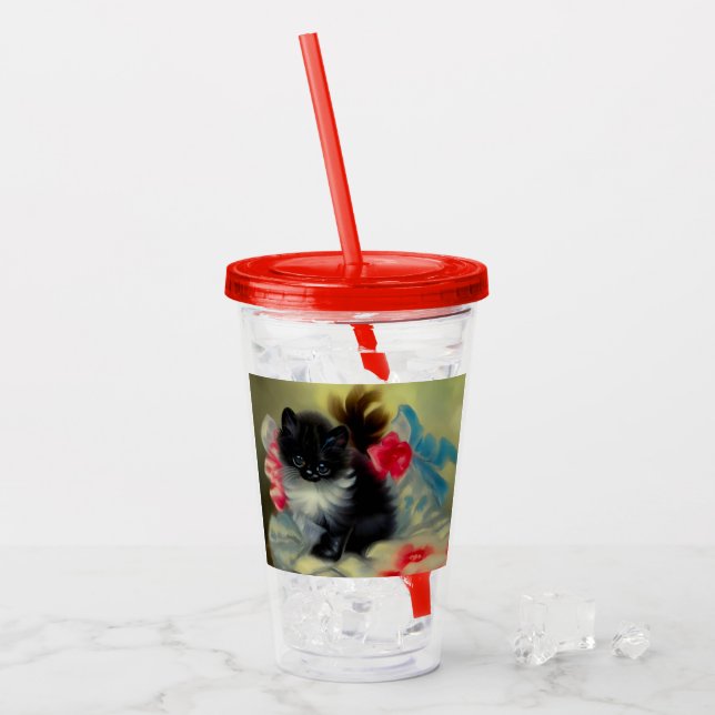 Vintage Schwarz-Weiß-Kittenmalerei Acryltrinkbecher (Vorderseite Ice)